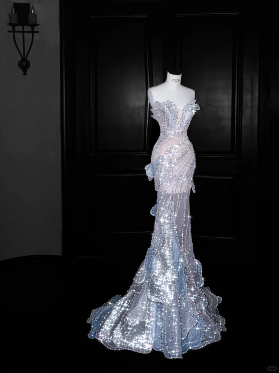 Fairy Light Blue Mermaid Strapless Rhinestone Tiered Tulle Prom Dress Evening Dress L518