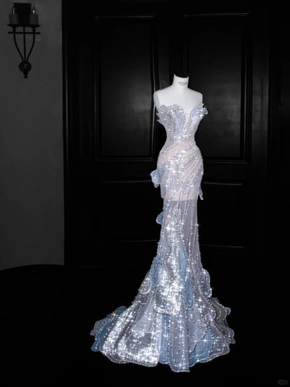 Fairy Light Blue Mermaid Strapless Rhinestone Tiered Tulle Prom Dress Evening Dress L518