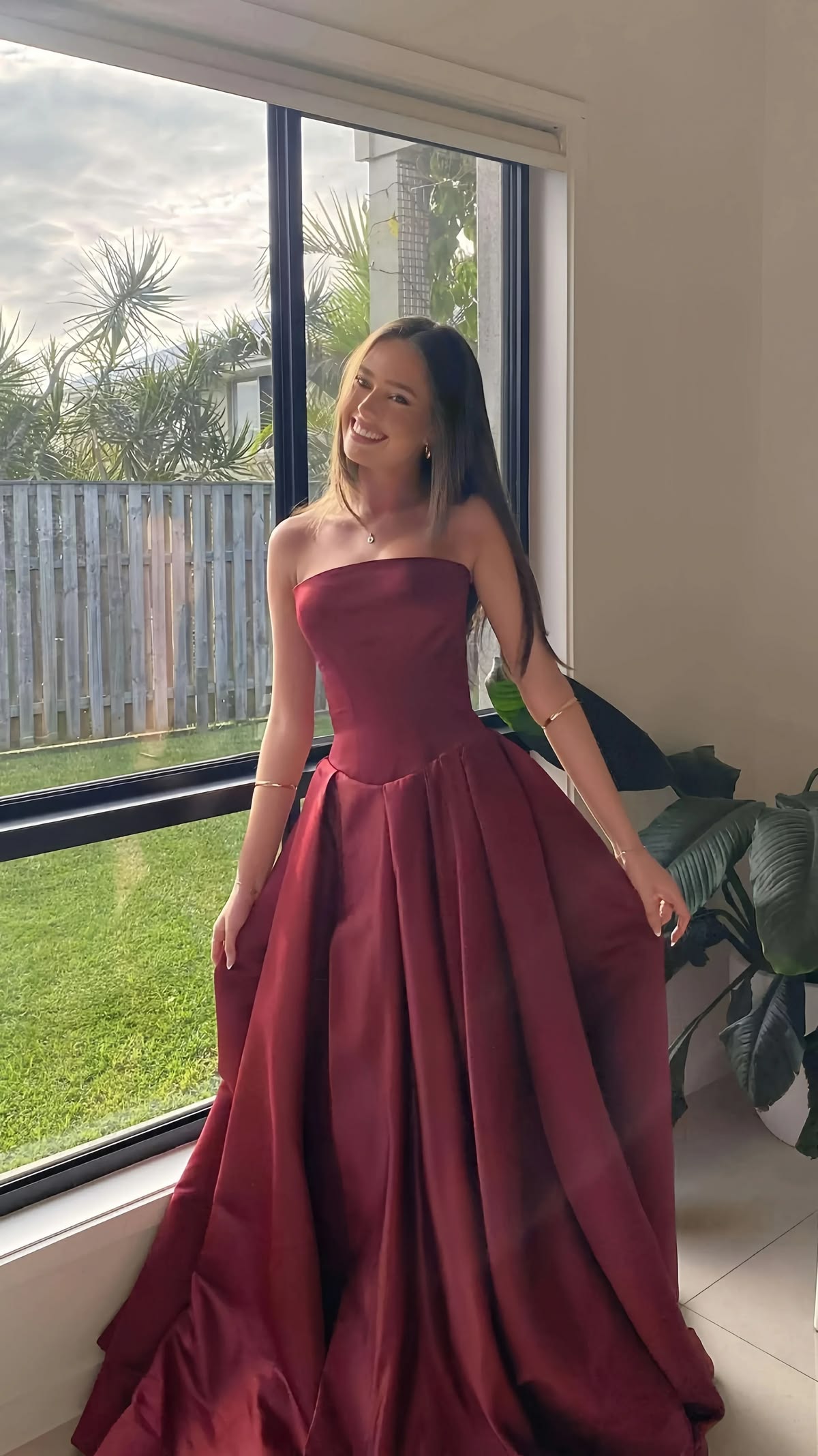 Elegant Burgundy A-Line Strapless Ruched Satin Dress Prom Dress Evening Dress L519