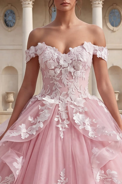 Princess Pink Ball Gown Off-The-Shoulder Floral Appliques Tulle Prom Quinceanera Dress 16 L52