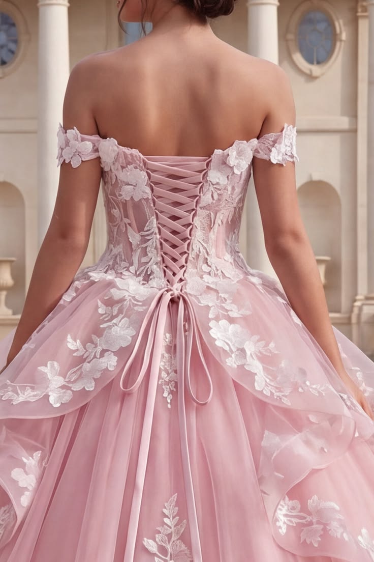 Princess Pink Ball Gown Off-The-Shoulder Floral Appliques Tulle Prom Quinceanera Dress 16 L52