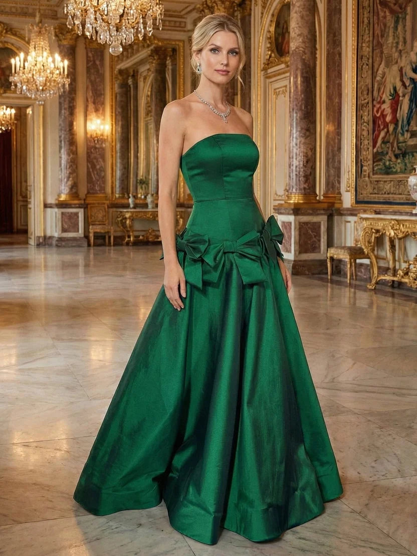 Chic Green A-Line Strapless Bow Satin Dress Prom Dress Evening Dress L522