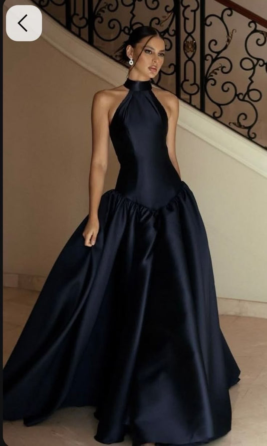 Elegant Black Ball Gown Hatler Satin Dress Prom Dress Evening Dress L526