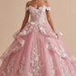 Princess Pink Ball Gown Off-The-Shoulder Floral Appliques Tulle Prom Quinceanera Dress 16 L52