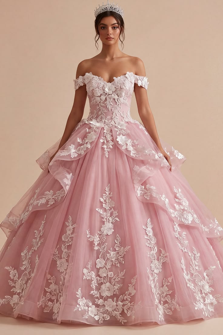 Princess Pink Ball Gown Off-The-Shoulder Floral Appliques Tulle Prom Quinceanera Dress 16 L52