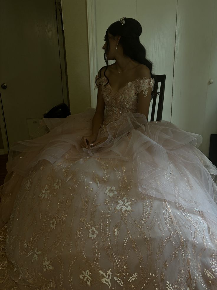 Dreamy Champagne Ball Gown Off-The-Shoulder Appliques Beaded Embroidery Tulle  Quinceanera Dress 16 L53