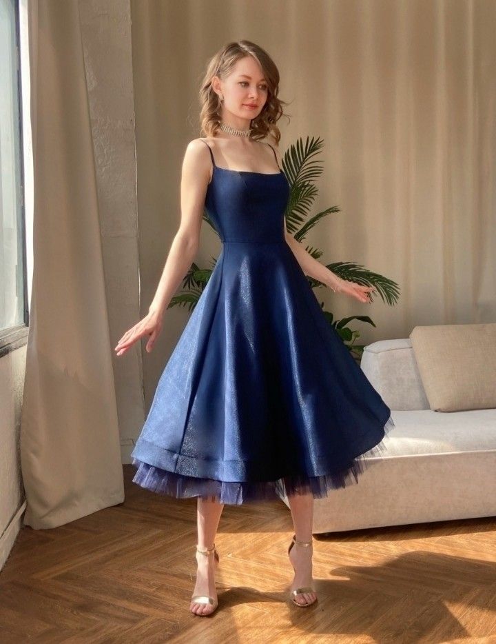 Simple Navy A-Line Spaghetti Strap Ruffled Tulle Dress Prom Dress Evening Dress L531