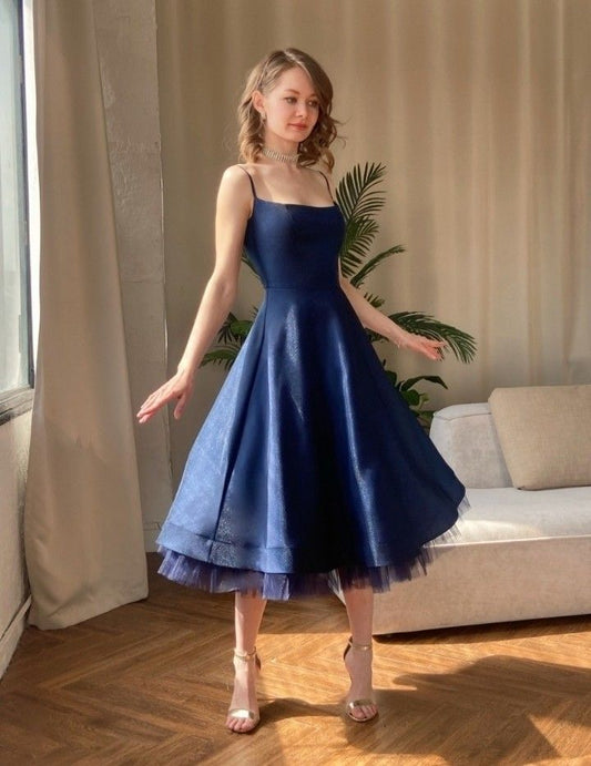 Simple Navy A-Line Spaghetti Strap Ruffled Tulle Dress Prom Dress Evening Dress L531