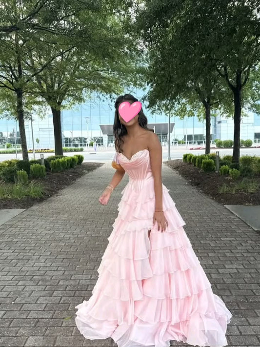 Pretty Pink A-Line Sweetheart Tiered Ruffled Corset Slit Chiffon Dress Prom Dress Evening Dress L532