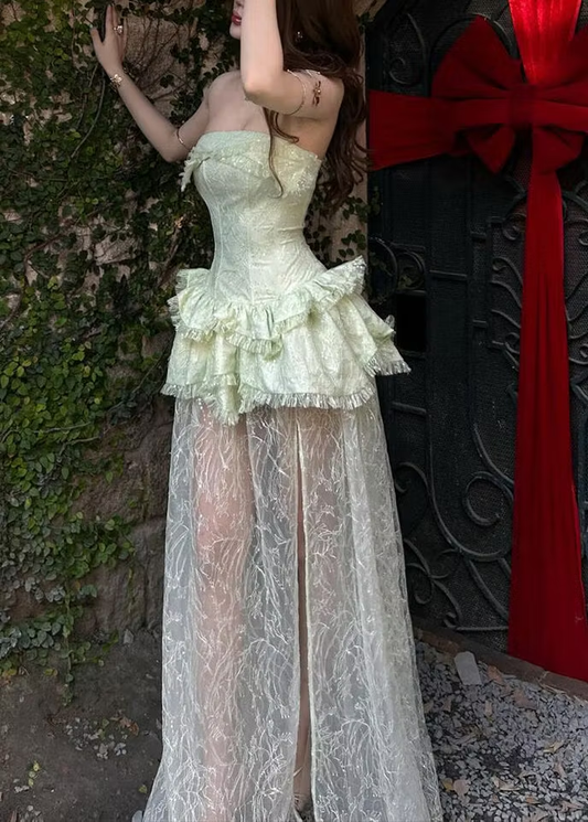 Classy Light Green A-Line Strapless Tiered Ruffled Slit Glitter Tulle Dress Prom Evening Dress L534