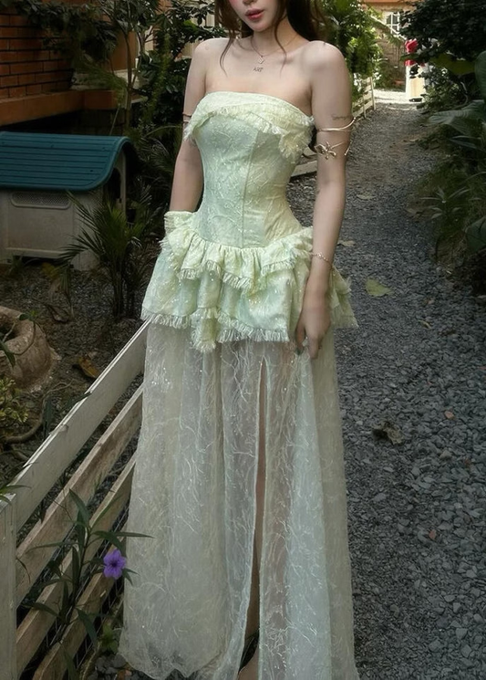 Classy Light Green A-Line Strapless Tiered Ruffled Slit Glitter Tulle Dress Prom Evening Dress L534