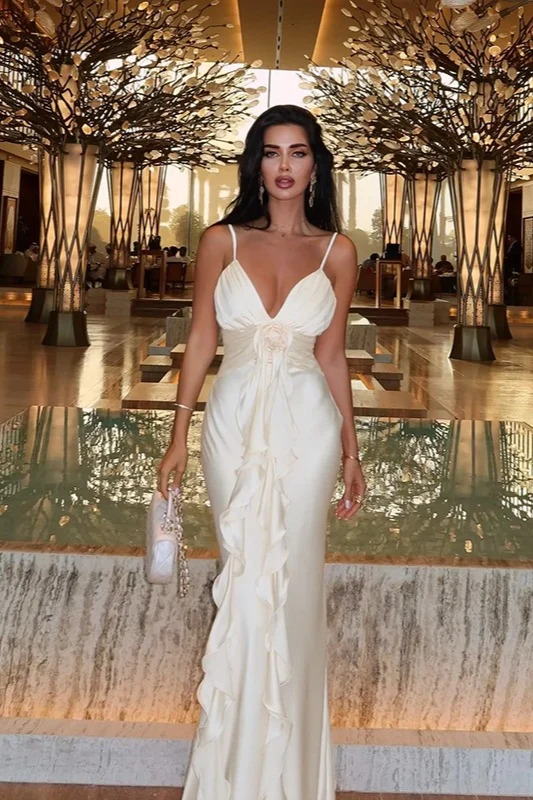Elegant Ivory Sheath Spaghetti Strap Ruffled Handmade Flower Satin Dress Prom Evening Dress L536