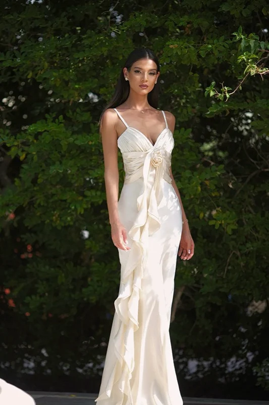 Elegant Ivory Sheath Spaghetti Strap Ruffled Handmade Flower Satin Dress Prom Evening Dress L536