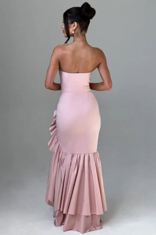 Chic Pink A-Line Strapless Slit Ruffled Corset Chiffon Dress Prom Dress Evening Dress L539