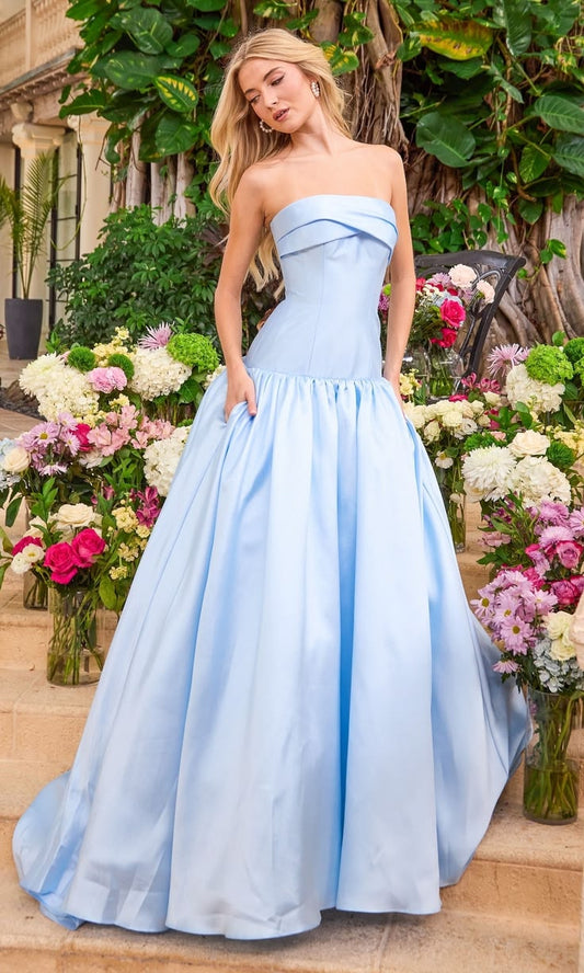 Simple Light Blue A-Line Strapless Satin Dress Prom Dress Evening Dress L541