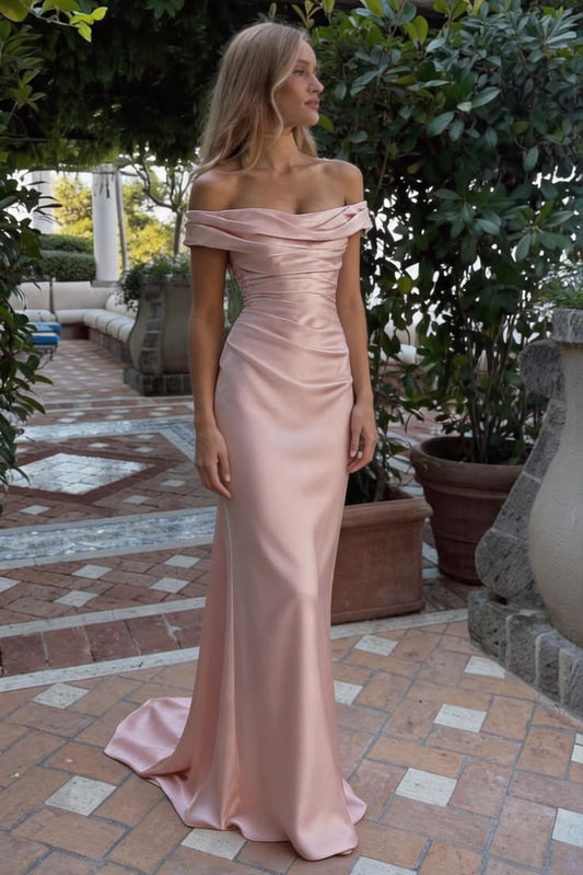 Classy Pink Sheath Off-The-Shoulder Ruched Satin Dress Prom Dress Evening Dress L542