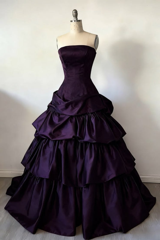Classy Eggplant Purple Strapless Tiered Satin Dress Prom Dress  Quinceanera Dress 16 L544