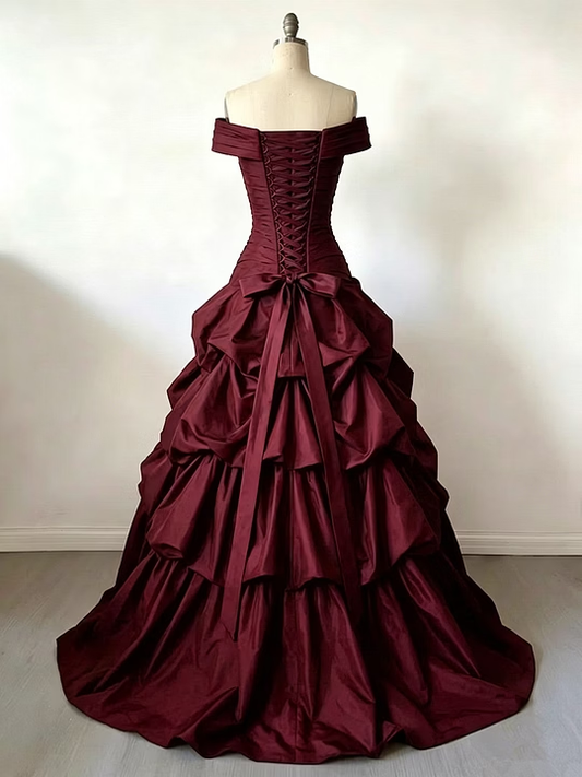 Elegant Burgundy Ball Gown Off-The-Shoulder Ruched Tiered Satin Dress Prom Quinceanera Dress 16 L545