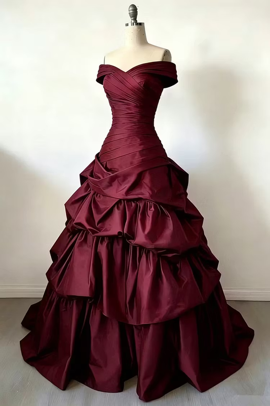 Elegant Burgundy Ball Gown Off-The-Shoulder Ruched Tiered Satin Dress Prom Quinceanera Dress 16 L545