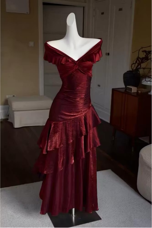 Classy Burgundy V-Neck Tiered Ruffled Ruched Satin Dress Prom Dress Evening Dress L546