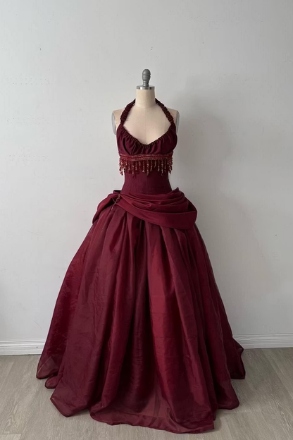 Pretty Burdungy Ball Gown Halter Beading Ruched Tulle Dress Prom Dress Quinceanera Dress 16 L548