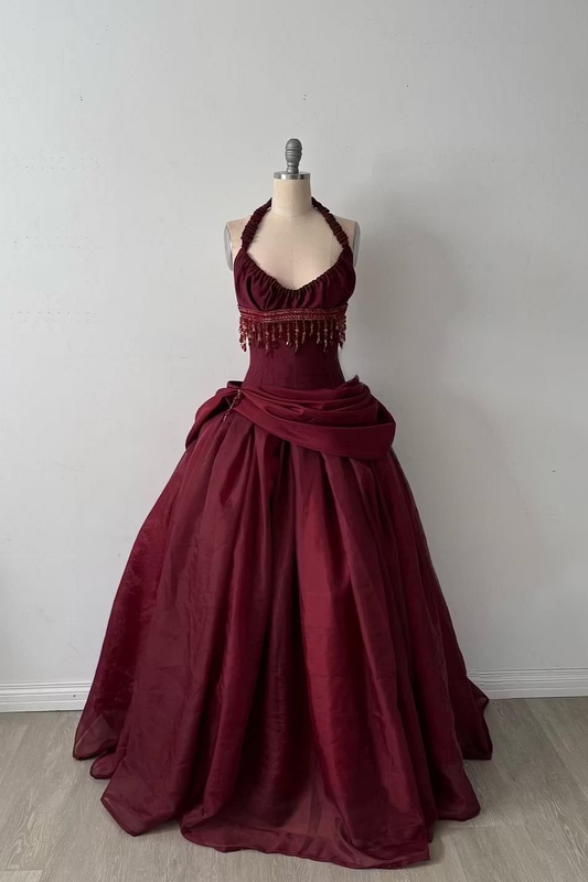 Pretty Burdungy Ball Gown Halter Beading Ruched Tulle Dress Prom Dress Quinceanera Dress 16 L548