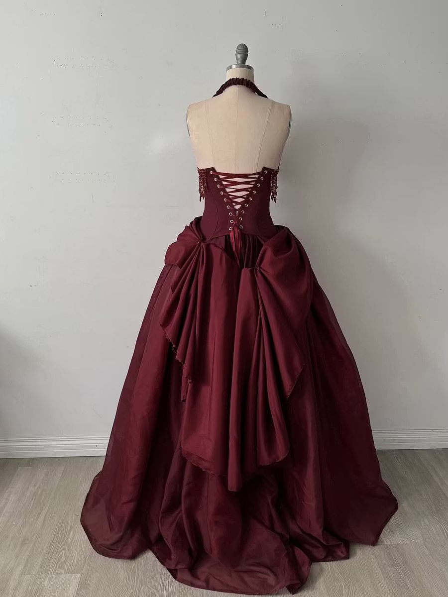 Pretty Burdungy Ball Gown Halter Beading Ruched Tulle Dress Prom Dress Quinceanera Dress 16 L548
