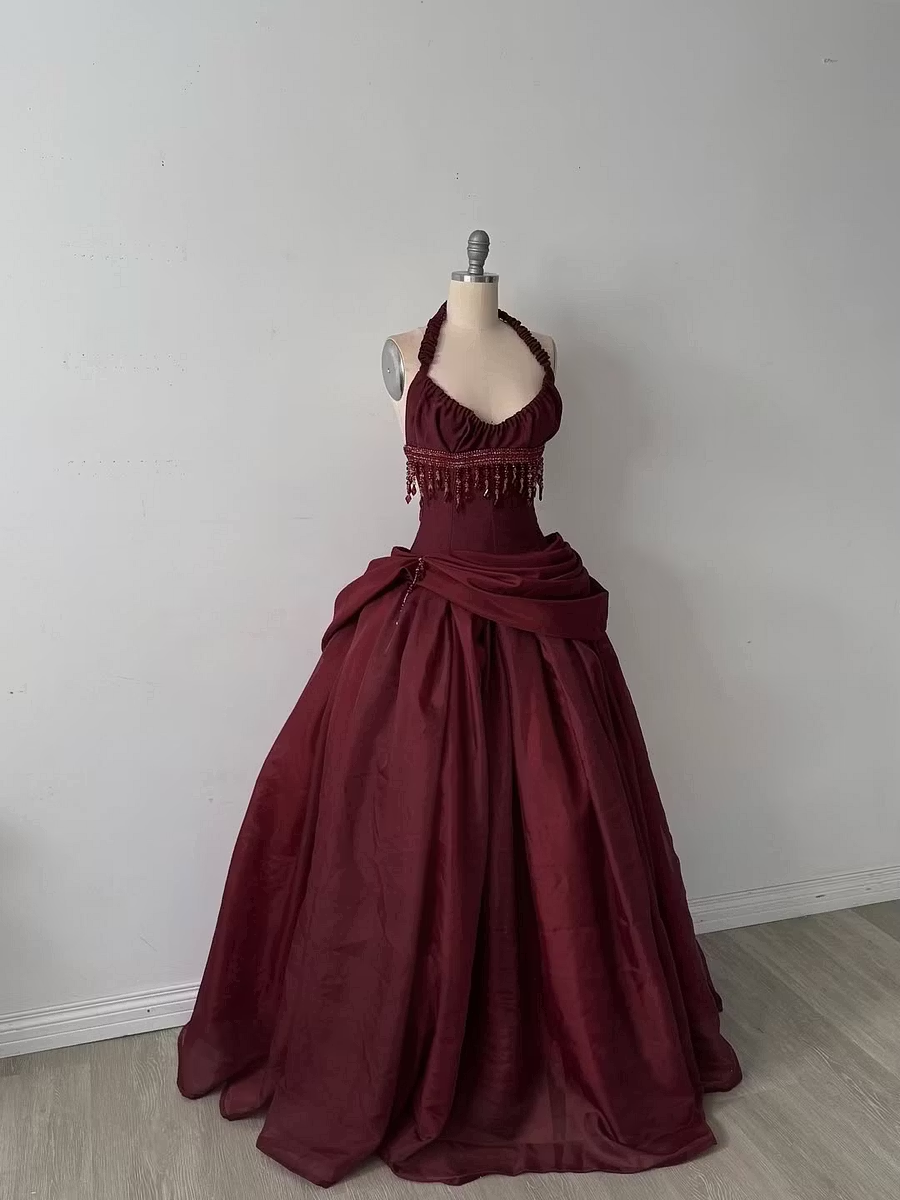 Pretty Burdungy Ball Gown Halter Beading Ruched Tulle Dress Prom Dress Quinceanera Dress 16 L548