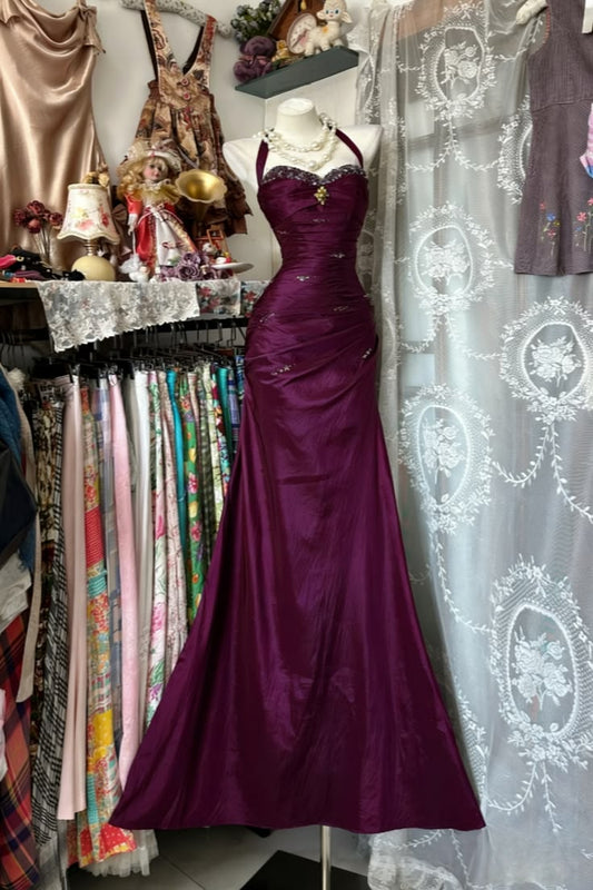 Pretty Purple Mermaid Halter Rhinestone Ruched Satin Dress Prom Dress Evening Dress L550
