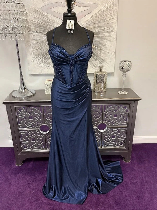 Chic Navy Mermaid Spaghetti Strap Rhinestone Ruched Corset Satin Dress Prom Dress Evening Dress L551