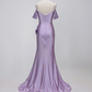 Classy Young Purple Mermaid Off-The-Shoulder Slit Ruffled Satin Dress Prom Dress Evening Dress L552