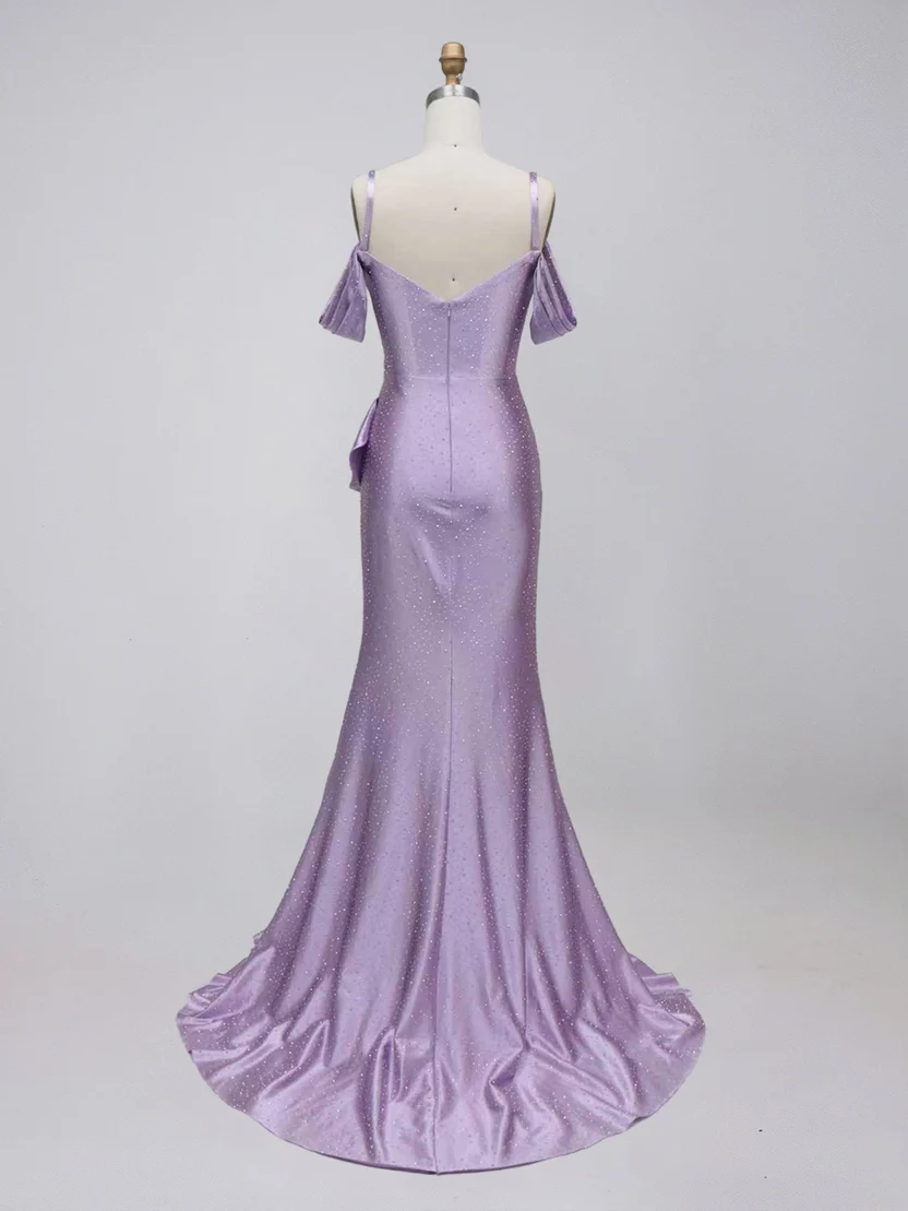Classy Young Purple Mermaid Off-The-Shoulder Slit Ruffled Satin Dress Prom Dress Evening Dress L552