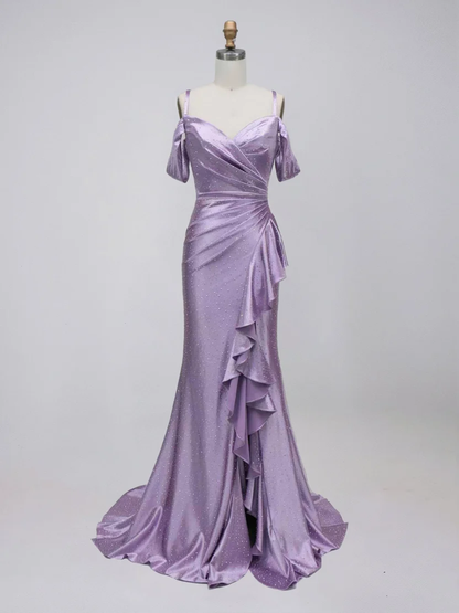 Classy Young Purple Mermaid Off-The-Shoulder Slit Ruffled Satin Dress Prom Dress Evening Dress L552