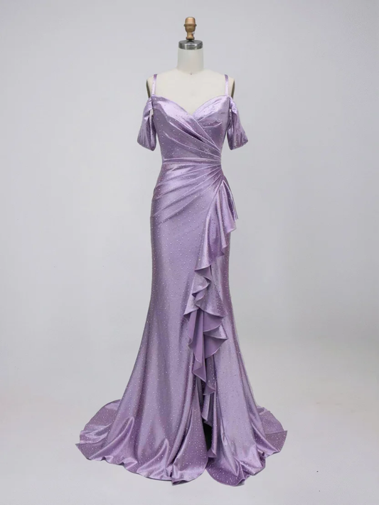 Classy Young Purple Mermaid Off-The-Shoulder Slit Ruffled Satin Dress Prom Dress Evening Dress L552