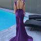Feminine Purple Mermaid V-Neck Ruched Satin Dress Prom Dress Evening Dress L553