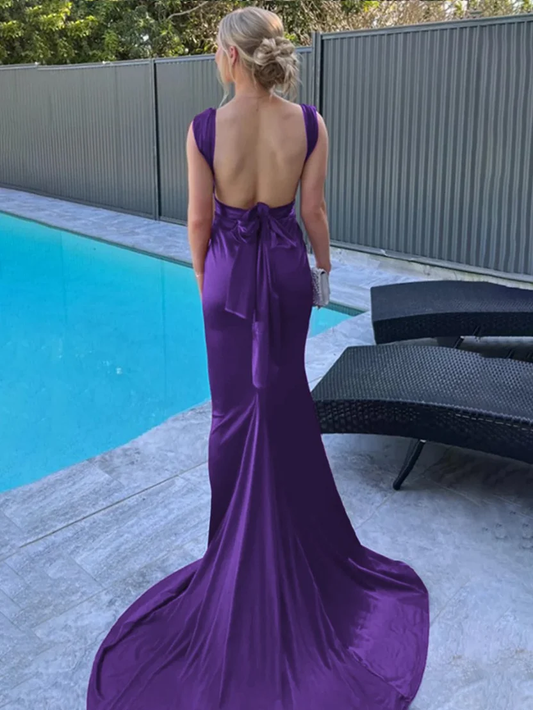 Feminine Purple Mermaid V-Neck Ruched Satin Dress Prom Dress Evening Dress L553