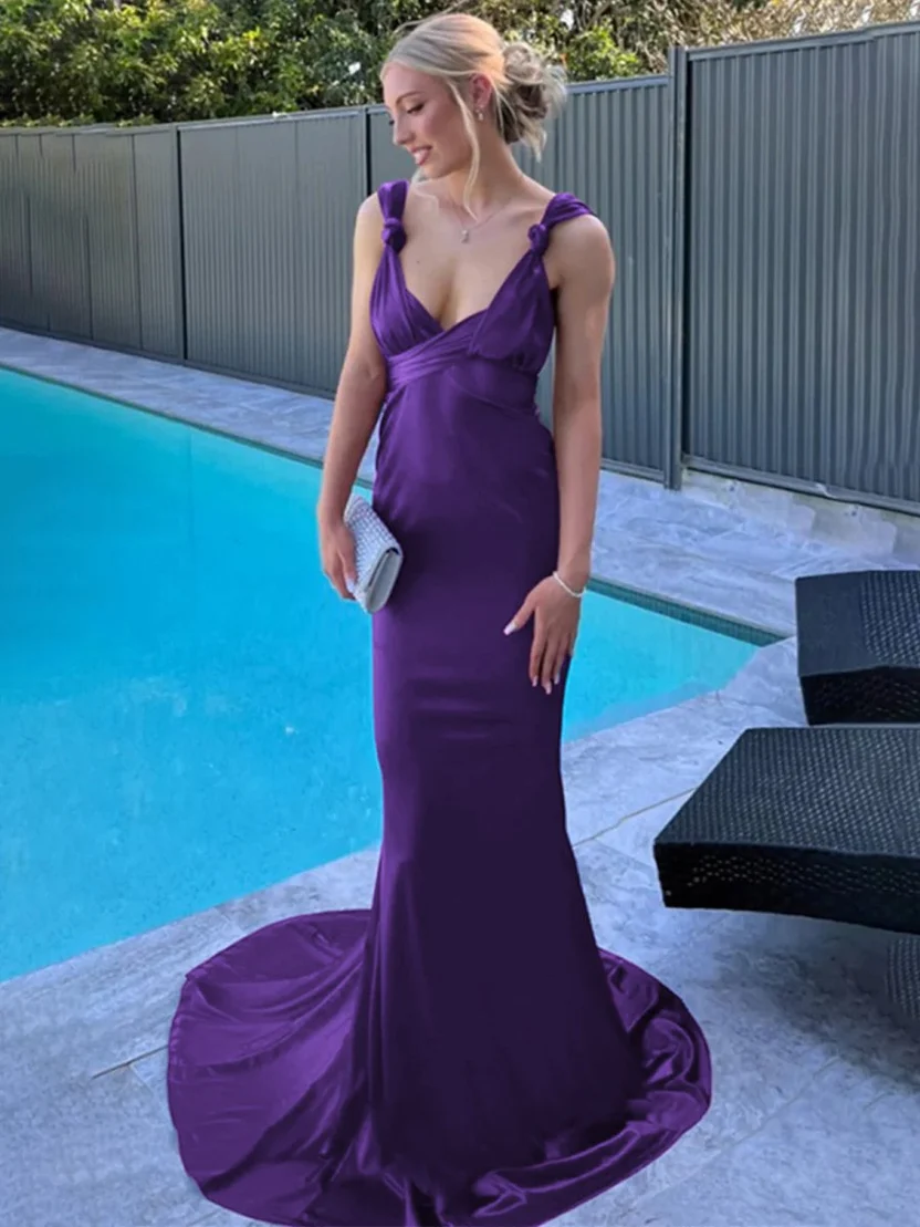 Feminine Purple Mermaid V-Neck Ruched Satin Dress Prom Dress Evening Dress L553