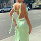 Classy Light Green Mermaid Spaghetti Strap Rufled Satin Dress Prom Dress Evening Dress L554