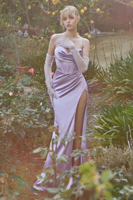 Pretty Young Purple Mermaid Spaghetti Strap Slit Corset Satin Dress Prom Dress Evening Dress L557