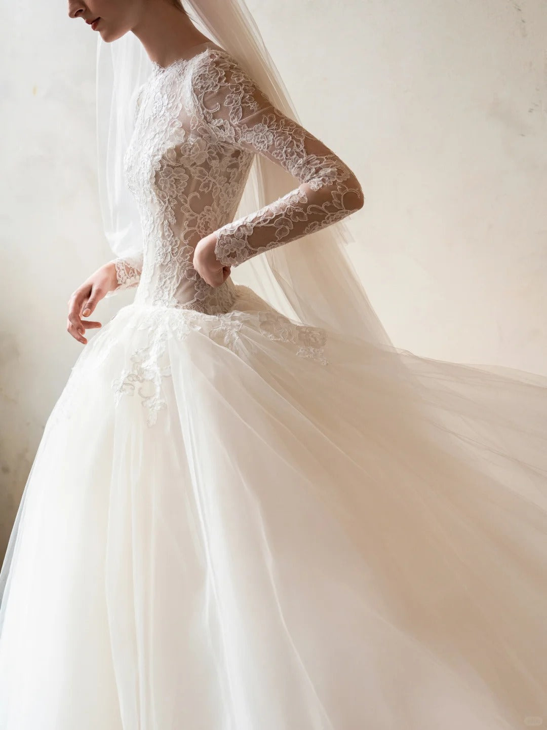 Pretty Ivory Tulle Wedding Dress Round Ball Gown Lace Appliques Ballroom Wedding Dress L559
