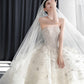 Classy White Tulle Wedding Dress Strapless Ball Gown Appliques Beaded Ballroom Wedding Dress L562