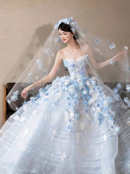 Princess Light Blue Tulle Wedding Dress Sweetheart Ball Gown Floral Appliques Garden Wedding Dress L563