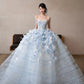Princess Light Blue Tulle Wedding Dress Sweetheart Ball Gown Floral Appliques Garden Wedding Dress L563