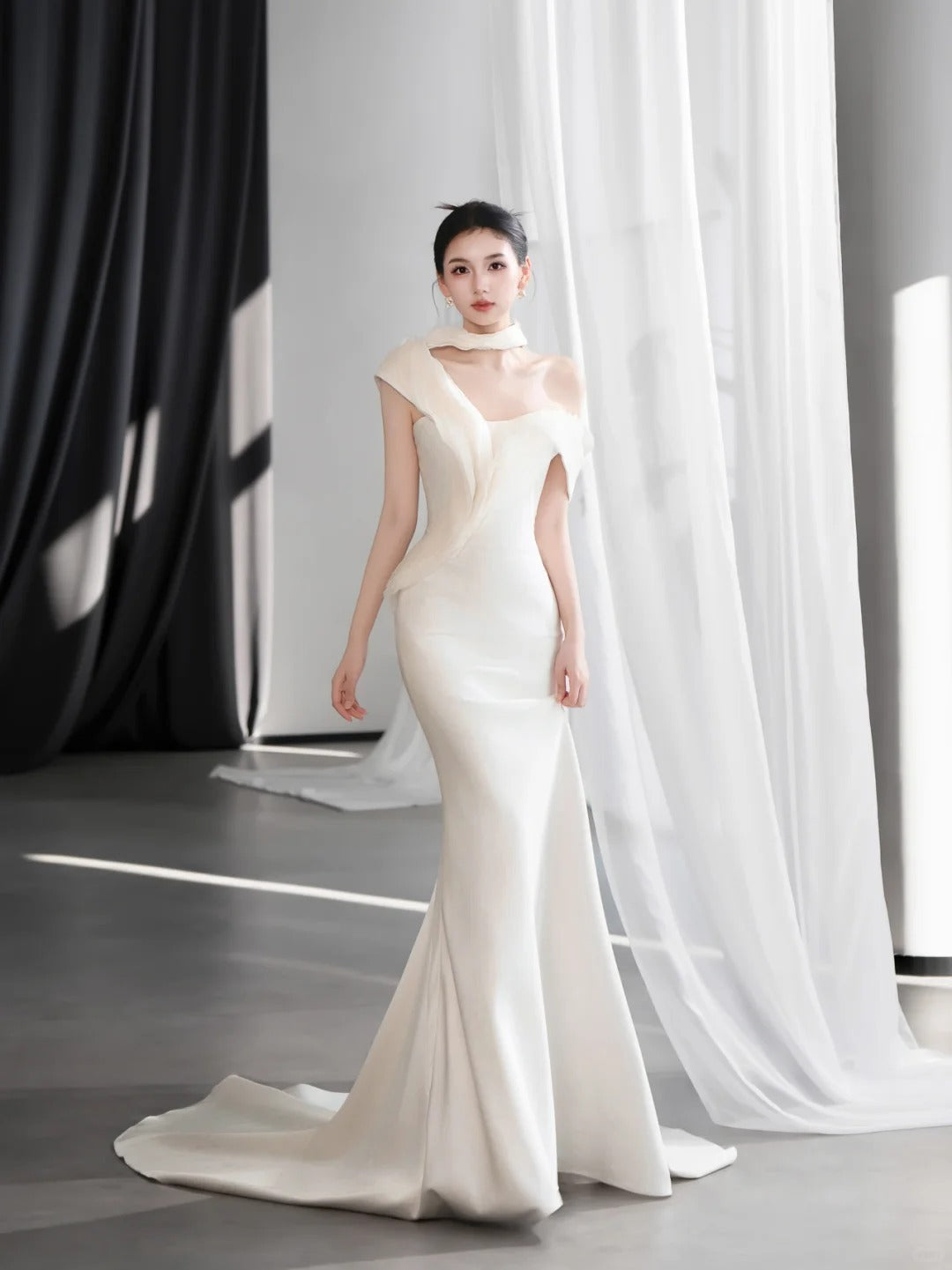 Elegant White Mermaid Asymmetrical Neck Satin Dress Prom Dress Evening Dress L564