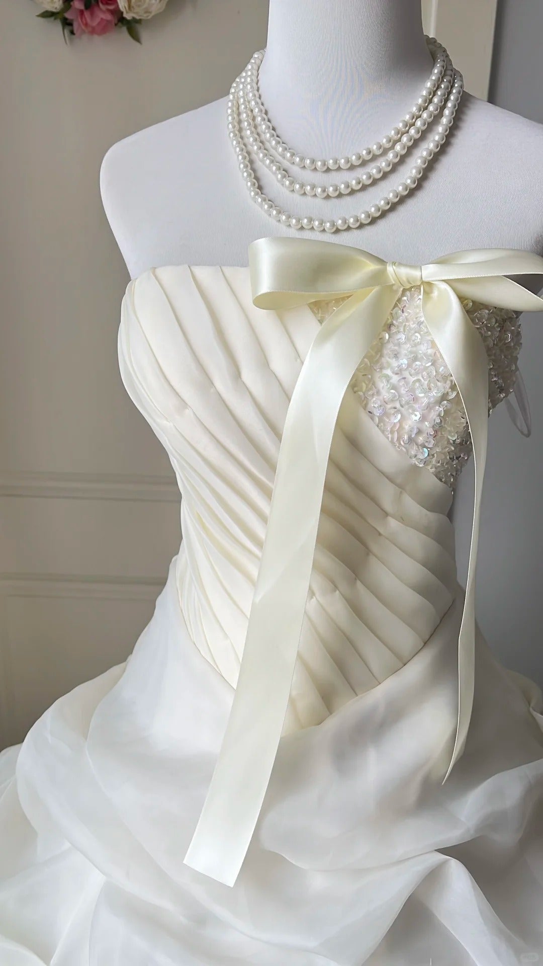 Chic White Ball Gown Strapless Bow Ruched Beaded Tiered Tulle Dress Quinceanera Dress 16 L567