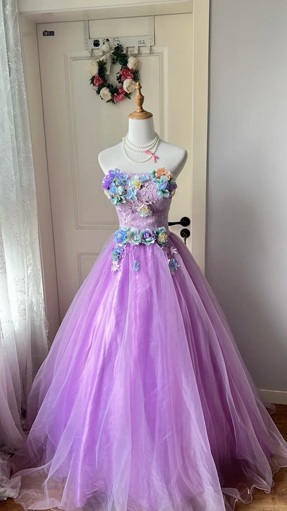 Fairy Young Purple Ball Gown Strapless Floral Appliques Tulle Dress Quinceanera Dress 16 L568