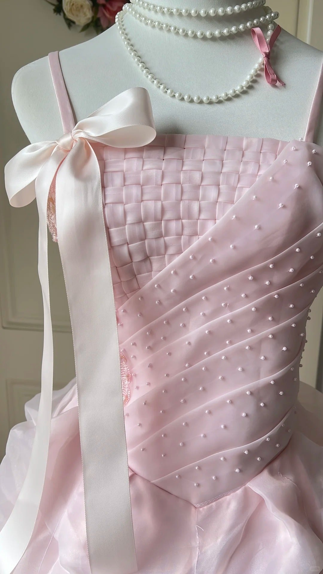 Sweet Pink Ball Gown Spaghetti Strap Bow Beaded Ruched Tulle Dress Quinceanera Dress 16 L569