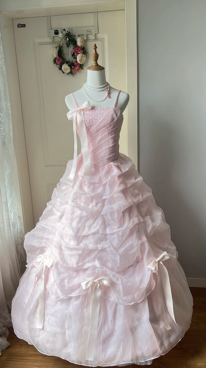 Sweet Pink Ball Gown Spaghetti Strap Bow Beaded Ruched Tulle Dress Quinceanera Dress 16 L569