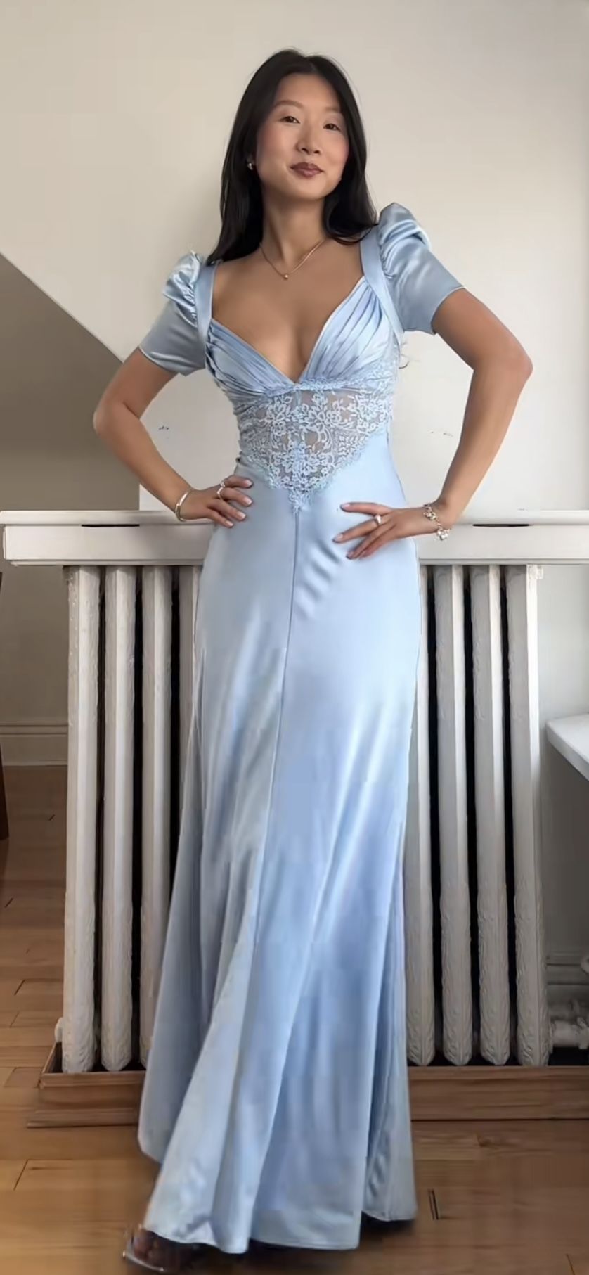 Elegant Light Blue Sheath Dress Sweetheart Gathered Puff Short Sleeves Lace Satin Dress Prom Dress L57