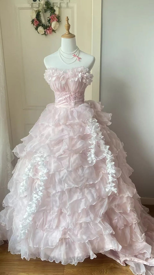 Sweet Pink Ball Gown Strapless Appliques Tiered Ruffled Tulle Dress  Quinceanera  Dress 16 L572